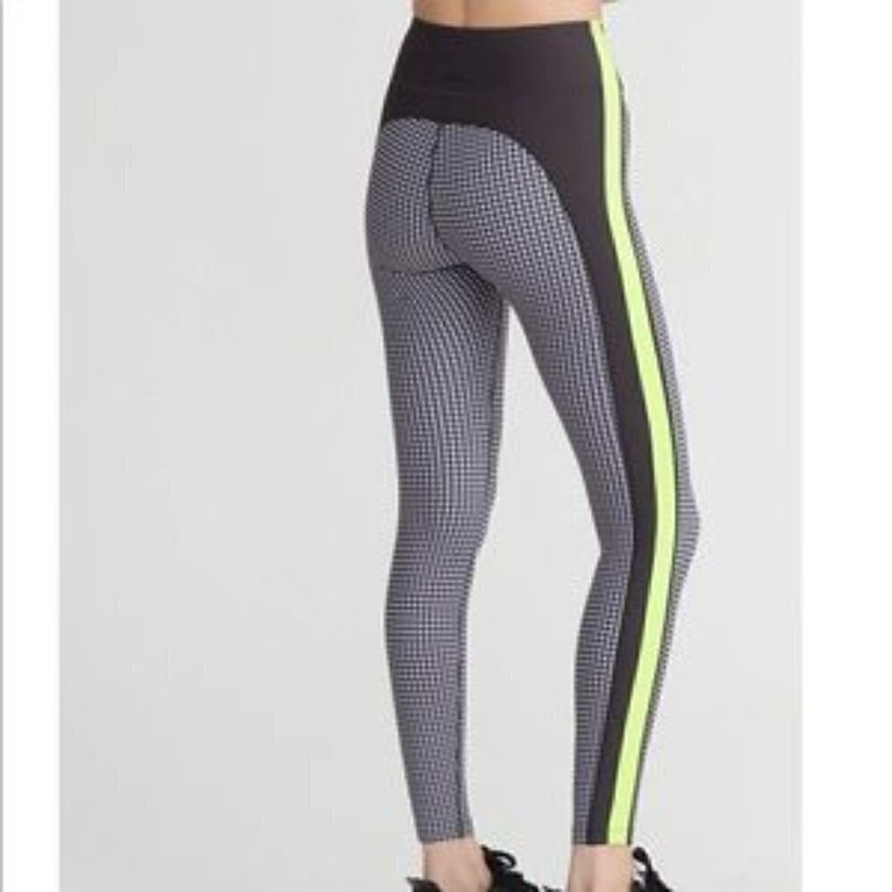 𝅺NYLORA women US XS Ardwell leggings black white houndstooth green stripe - Picture 2 of 11